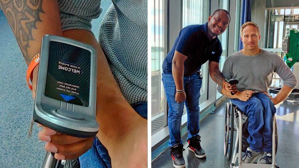 Paralympian gold medalist Leo-Pekka Tähti (pictured with Raymond Ogienoyevbede from KONE) is helping to test the idea of connecting a wheelchair to a lift.*